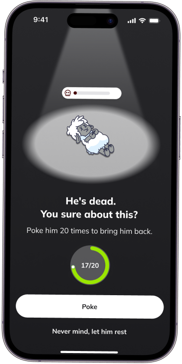 Sheepy app screen showing 'He's dead. Poke him 20 times to bring him back.'